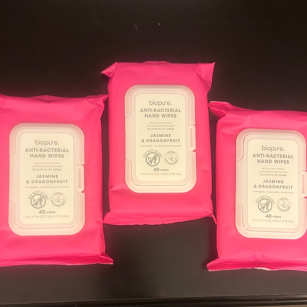 3 biopure Jasmine & Dragonfruit Anti-Bacterial Hand Wipes - Bright Pink Pack